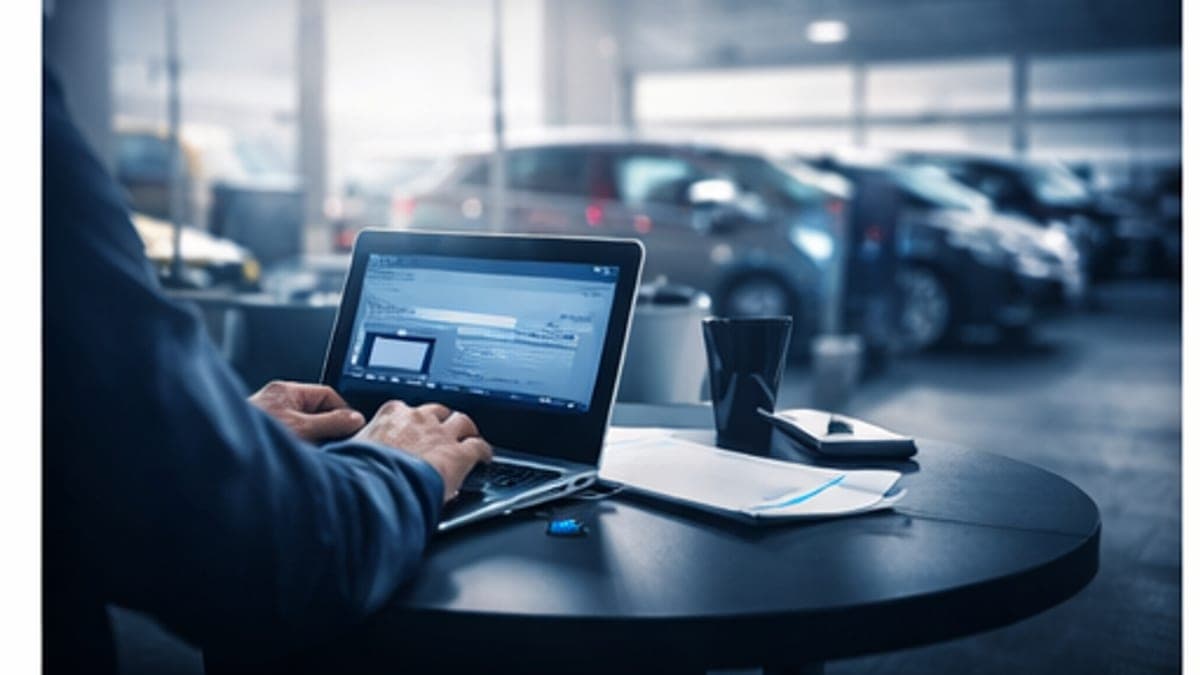 A dealer showing a service history report to a buyer alongside a used car