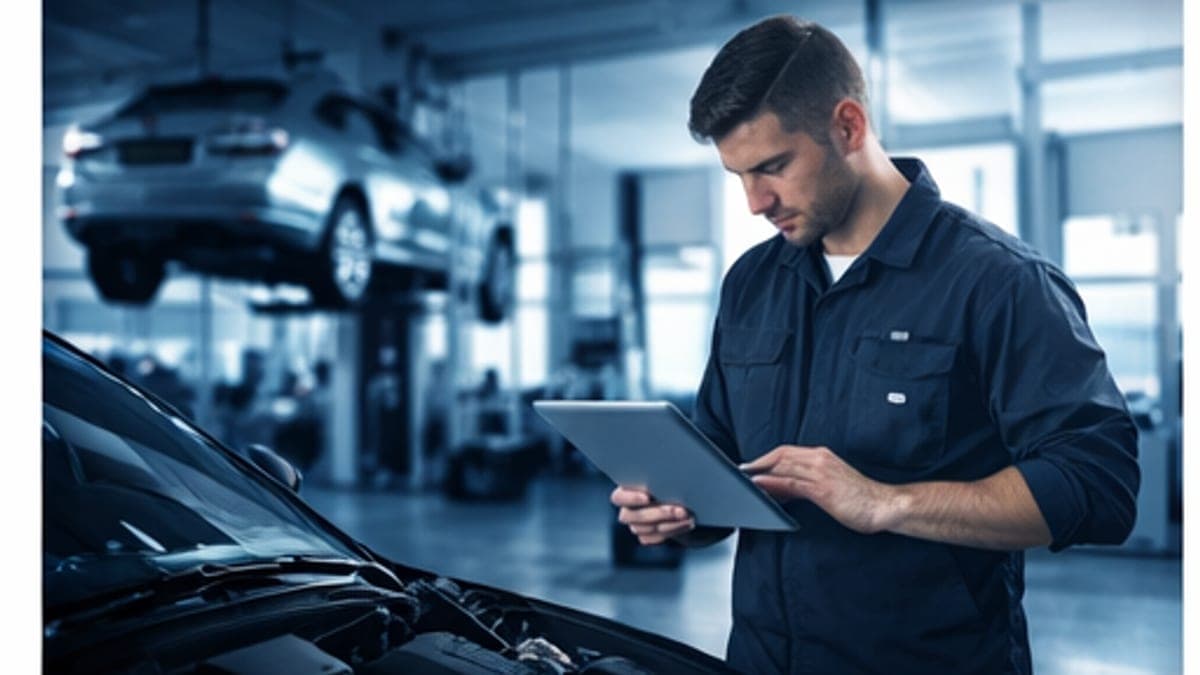 A dealership technician logging service work on a diagnostic computer