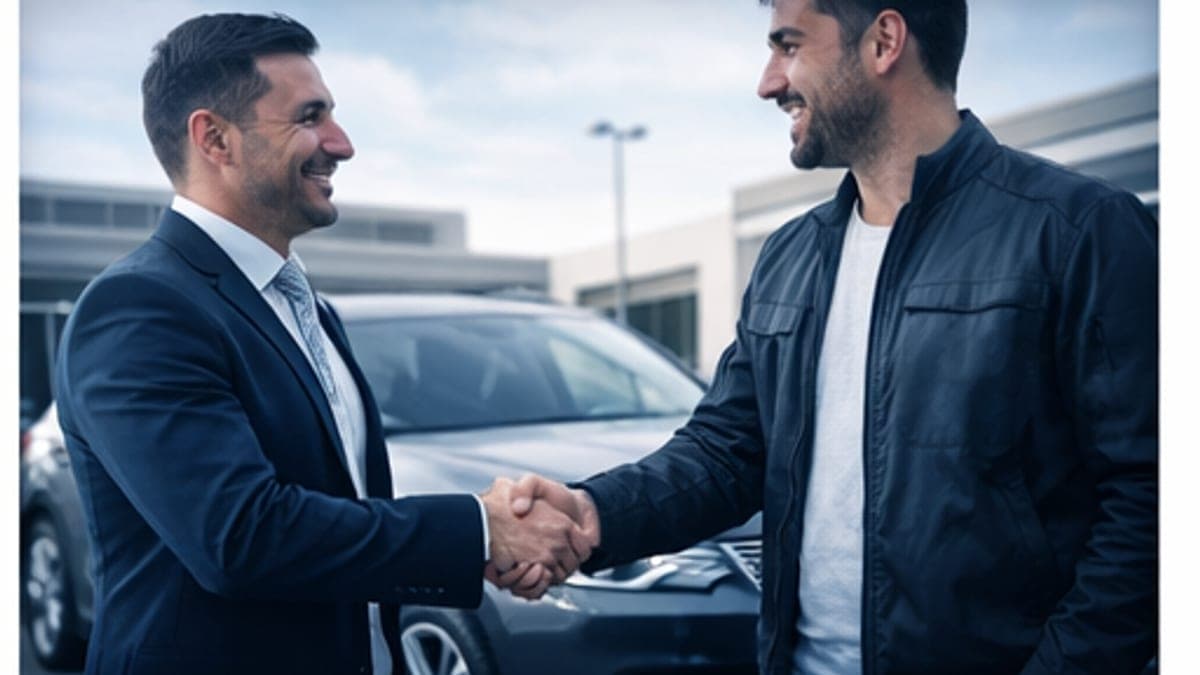 Split image showing a private car sale handshake and a dealer forecourt