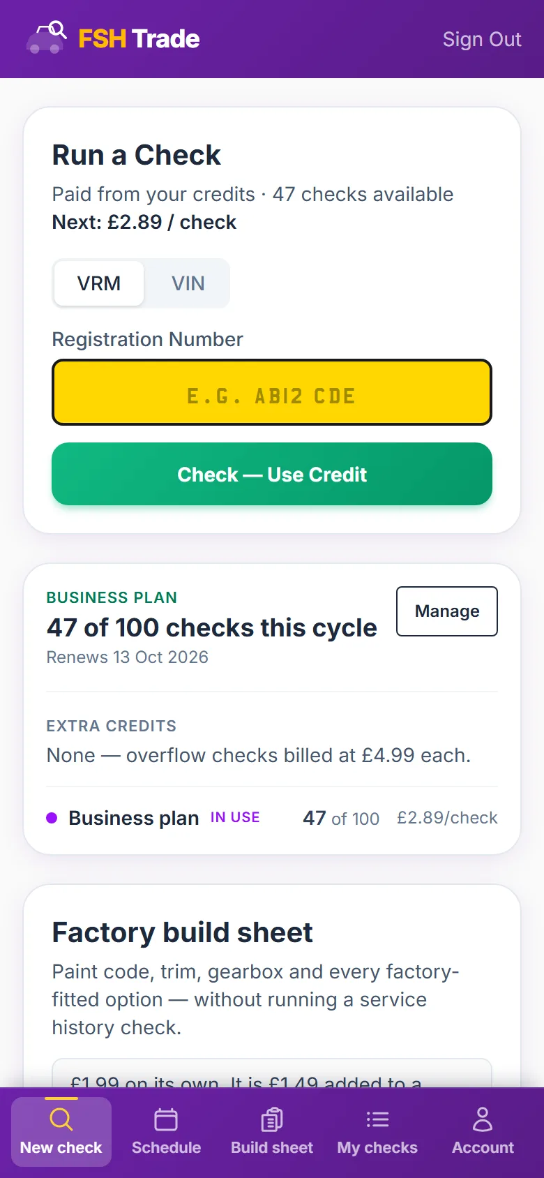 The FSH Trade app dashboard with the new-check form, plan allowance and bottom tab bar