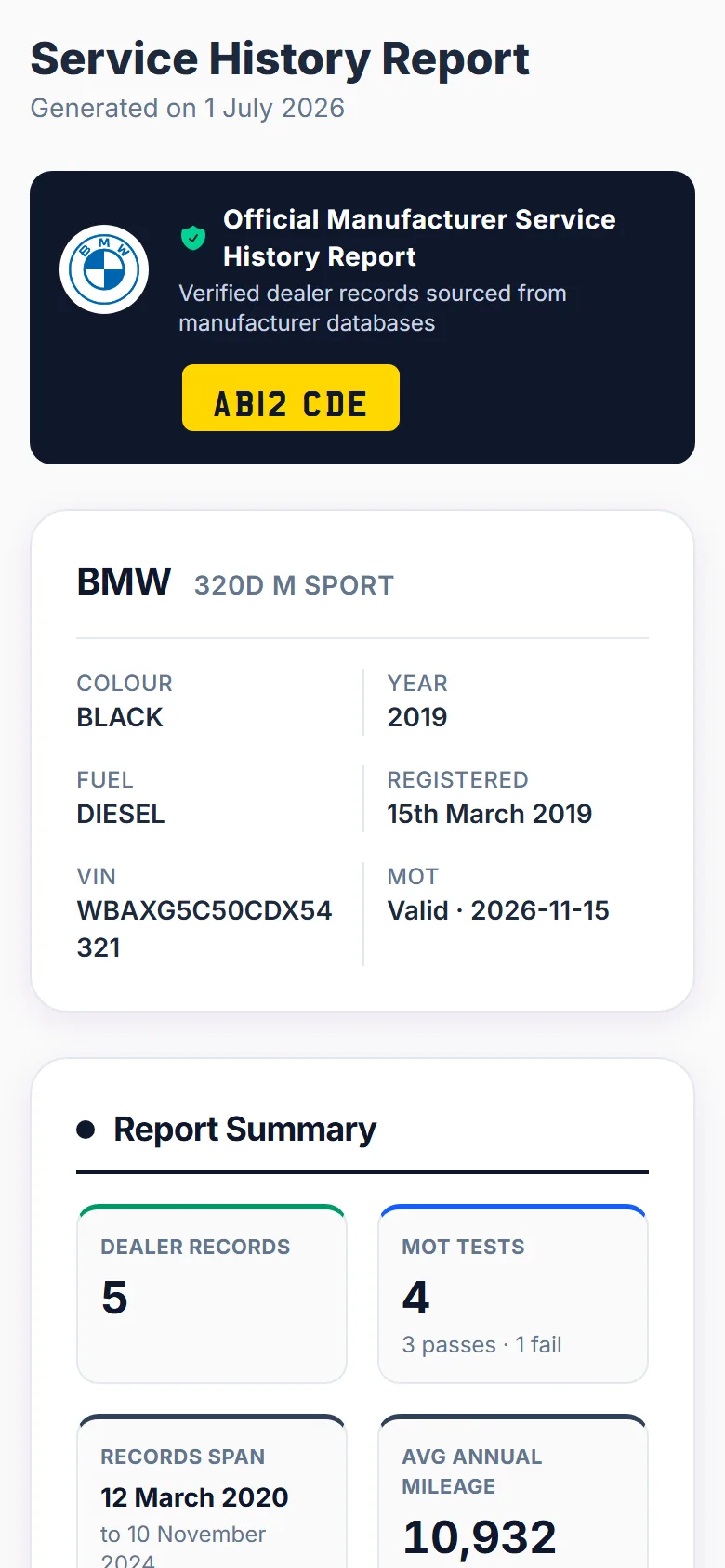 A service history report open in the FSH Trade app
